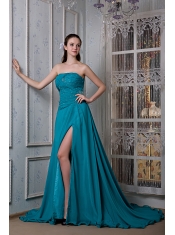 Prom Dress Teal A-line Strapless Court Train Chiffon and Elastic Woven Satin Beading