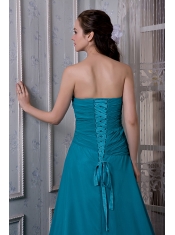 Prom Dress Teal A-line Strapless Court Train Chiffon and Elastic Woven Satin Beading