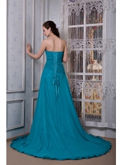 Prom Dress Teal A-line Strapless Court Train Chiffon and Elastic Woven Satin Beading