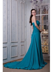Prom Dress Teal A-line Strapless Court Train Chiffon and Elastic Woven Satin Beading