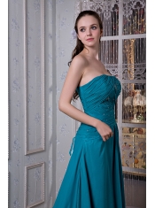 Prom Dress Teal A-line Strapless Court Train Chiffon and Elastic Woven Satin Beading