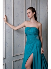 Prom Dress Teal A-line Strapless Court Train Chiffon and Elastic Woven Satin Beading