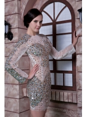 Prom Dress White Column Scoop Mini-length Organza Beading