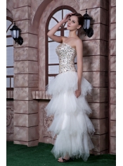 Prom Dress White Column Strapless High-low Beading Taffeta and Tulle