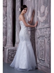 Prom Dress White Mermaid Sweetheart Floor-length Elastic Woven Satin and Organza Beading