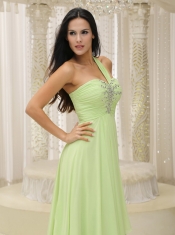 Prom Dress Yellow Green One Shoulder and Ruched Bodice Beaded Decorate Bust