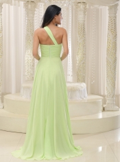 Prom Dress Yellow Green One Shoulder and Ruched Bodice Beaded Decorate Bust