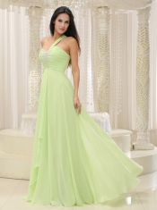 Prom Dress Yellow Green One Shoulder and Ruched Bodice Beaded Decorate Bust