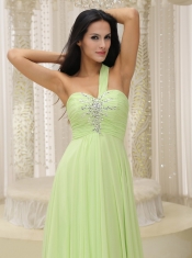 Prom Dress Yellow Green One Shoulder and Ruched Bodice Beaded Decorate Bust