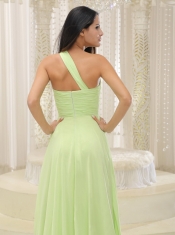 Prom Dress Yellow Green One Shoulder and Ruched Bodice Beaded Decorate Bust