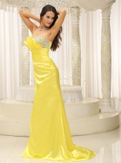 Prom Dress Yellow Strapless With Ruch and Beading Bodice Gorgeous Custom Made
