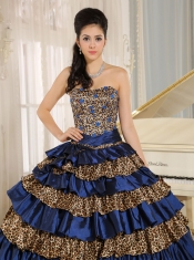 Quinceanera Dress 2013 Navy Blue Leopard Ruffled Layers and Appliques With Beading For Custom Made