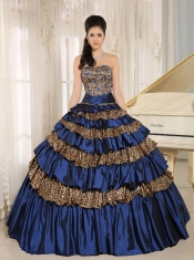 Quinceanera Dress 2013 Navy Blue Leopard Ruffled Layers and Appliques With Beading For Custom Made