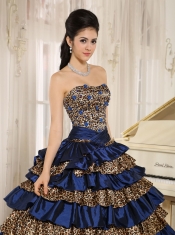 Quinceanera Dress 2013 Navy Blue Leopard Ruffled Layers and Appliques With Beading For Custom Made