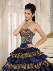 Quinceanera Dress 2013 Navy Blue Leopard Ruffled Layers and Appliques With Beading For Custom Made