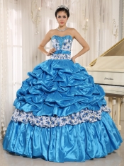 Quinceanera Dress Beaded and Pick-ups For Aqua Blue Taffeta and Printing