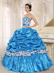 Quinceanera Dress Beaded and Pick-ups For Aqua Blue Taffeta and Printing