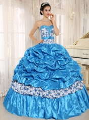 Quinceanera Dress Beaded and Pick-ups For Aqua Blue Taffeta and Printing