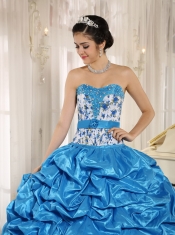 Quinceanera Dress Beaded and Pick-ups For Aqua Blue Taffeta and Printing