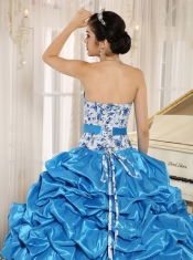 Quinceanera Dress Beaded and Pick-ups For Aqua Blue Taffeta and Printing