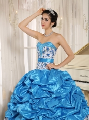 Quinceanera Dress Beaded and Pick-ups For Aqua Blue Taffeta and Printing