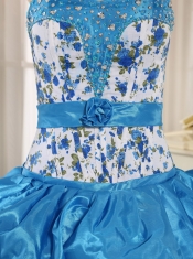 Quinceanera Dress Beaded and Pick-ups For Aqua Blue Taffeta and Printing