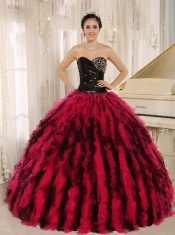 Quinceanera Dress Beaded and Ruffled Sweetheart For Black and Hot Pink