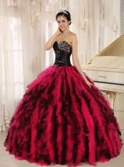Quinceanera Dress Beaded and Ruffled Sweetheart For Black and Hot Pink