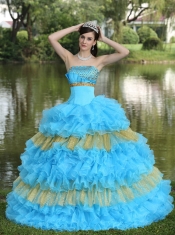 Quinceanera Dress Beaded Decorate Bust Sequins Organza Aqua Blue and Yellow Strapless Floor-length Tiered Sweet For 2013