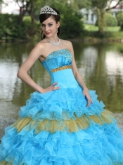 Quinceanera Dress Beaded Decorate Bust Sequins Organza Aqua Blue and Yellow Strapless Floor-length Tiered Sweet For 2013