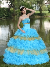 Quinceanera Dress Beaded Decorate Bust Sequins Organza Aqua Blue and Yellow Strapless Floor-length Tiered Sweet For 2013