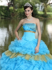 Quinceanera Dress Beaded Decorate Bust Sequins Organza Aqua Blue and Yellow Strapless Floor-length Tiered Sweet For 2013