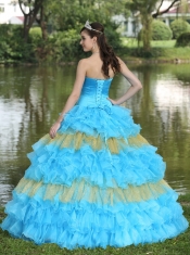 Quinceanera Dress Beaded Decorate Bust Sequins Organza Aqua Blue and Yellow Strapless Floor-length Tiered Sweet For 2013