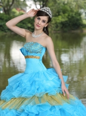 Quinceanera Dress Beaded Decorate Bust Sequins Organza Aqua Blue and Yellow Strapless Floor-length Tiered Sweet For 2013