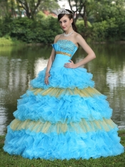 Quinceanera Dress Beaded Decorate Bust Sequins Organza Aqua Blue and Yellow Strapless Floor-length Tiered Sweet For 2013