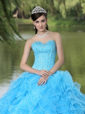 Quinceanera Dress Beaded Ruffles Layered Decorate Famous Designer Sweetheart Aqua Skirt