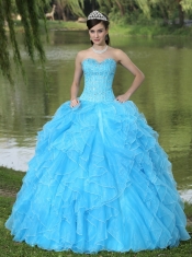 Quinceanera Dress Beaded Ruffles Layered Decorate Famous Designer Sweetheart Aqua Skirt