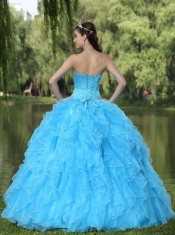 Quinceanera Dress Beaded Ruffles Layered Decorate Famous Designer Sweetheart Aqua Skirt