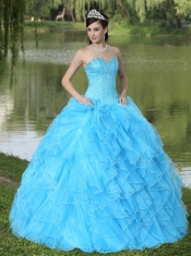 Quinceanera Dress Beaded Ruffles Layered Decorate Famous Designer Sweetheart Aqua Skirt