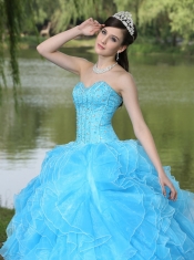 Quinceanera Dress Beaded Ruffles Layered Decorate Famous Designer Sweetheart Aqua Skirt