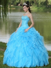 Quinceanera Dress Beaded Ruffles Layered Decorate Famous Designer Sweetheart Aqua Skirt