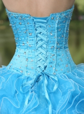 Quinceanera Dress Beaded Ruffles Layered Decorate Famous Designer Sweetheart Aqua Skirt