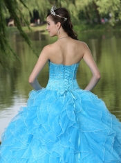 Quinceanera Dress Beaded Ruffles Layered Decorate Famous Designer Sweetheart Aqua Skirt