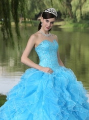 Quinceanera Dress Beaded Ruffles Layered Decorate Famous Designer Sweetheart Aqua Skirt