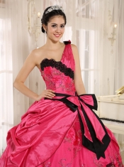 One Shoulder Quinceanera Dress Coral Red With Bowknot and Appliques