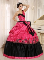 One Shoulder Quinceanera Dress Coral Red With Bowknot and Appliques