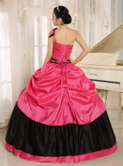 One Shoulder Quinceanera Dress Coral Red With Bowknot and Appliques