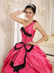 One Shoulder Quinceanera Dress Coral Red With Bowknot and Appliques