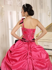 One Shoulder Quinceanera Dress Coral Red With Bowknot and Appliques