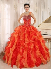 Orange Red Quinceanera Dress Custom Made One Shoulder Beaded Decorate Ruffles